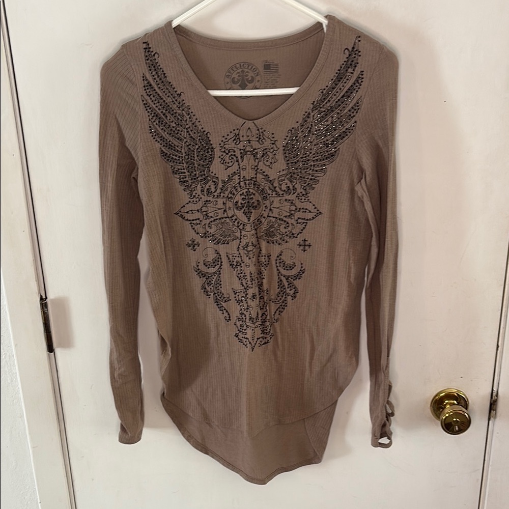 Affliction light brown long sleeve ribbed knit top with cross, bling Size Small